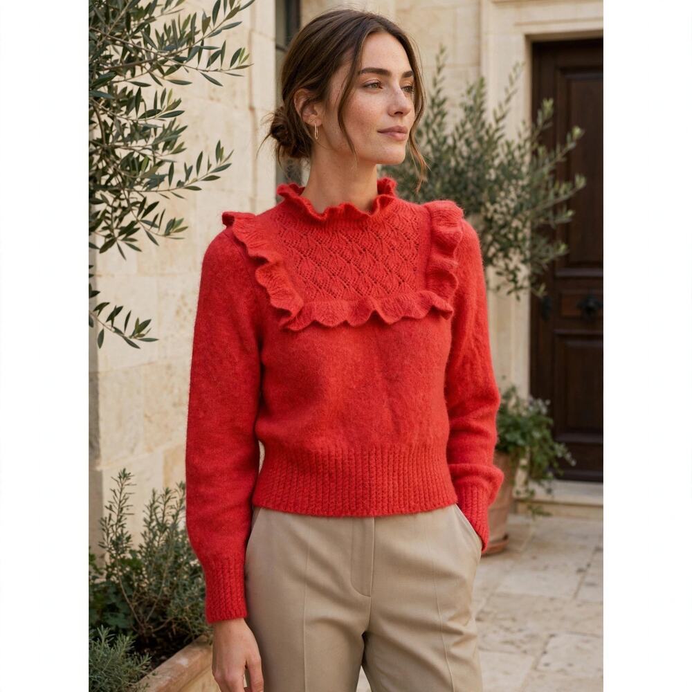 & OTHER STORIES Wool Mohair Ruffle Yoke Pointelle Knit Sweater Red Sz XS {Y8}